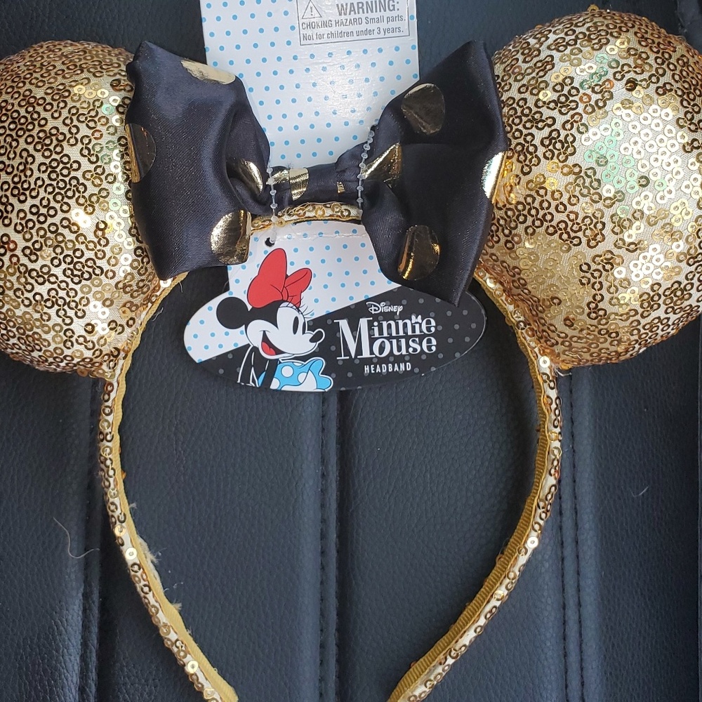 Disney Minnie Mouse Headband Ears Gold Black Polka